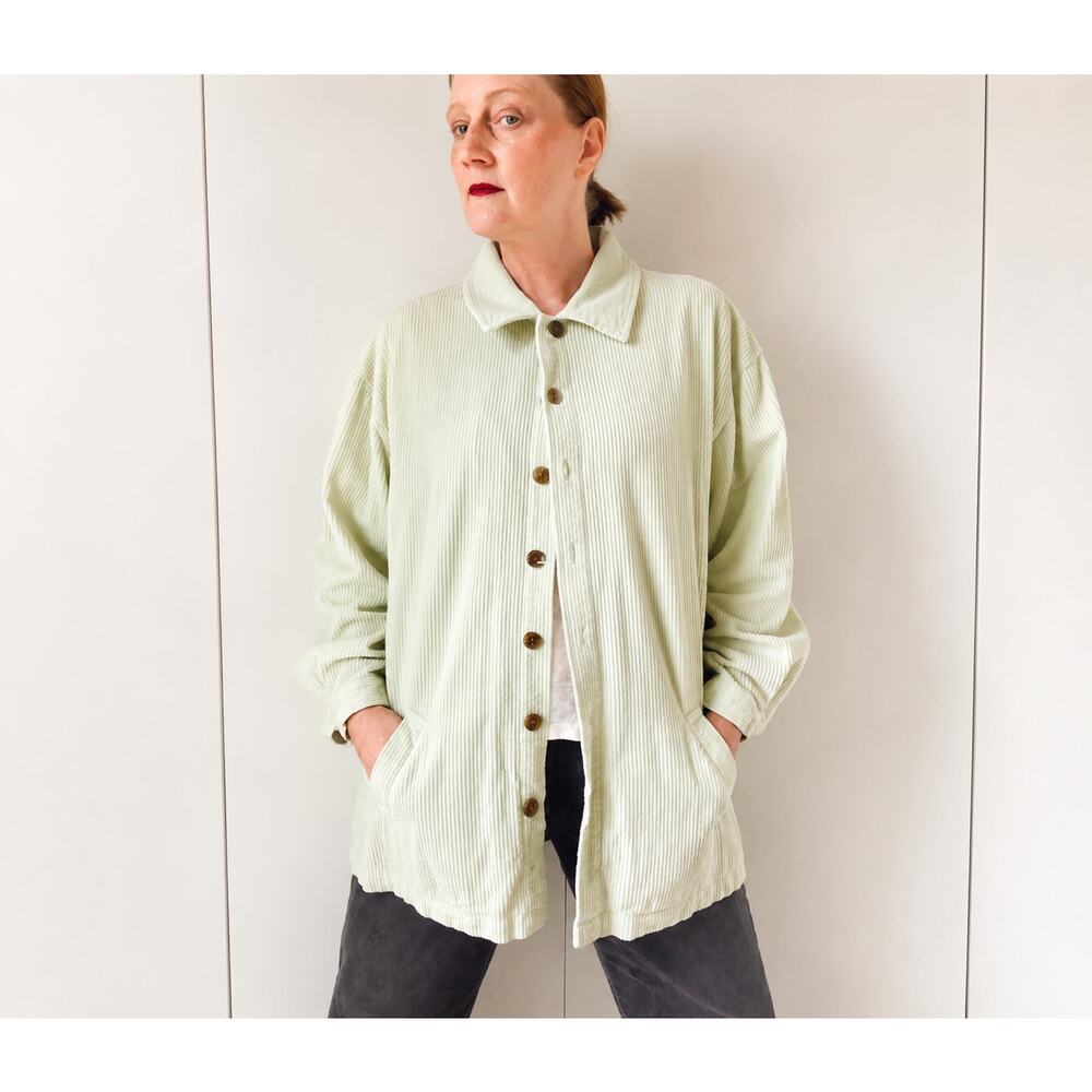 VTG 90s Wide Whale Corduroy Shacket Pistachio Green SZ L Oversized Cotton Jacket